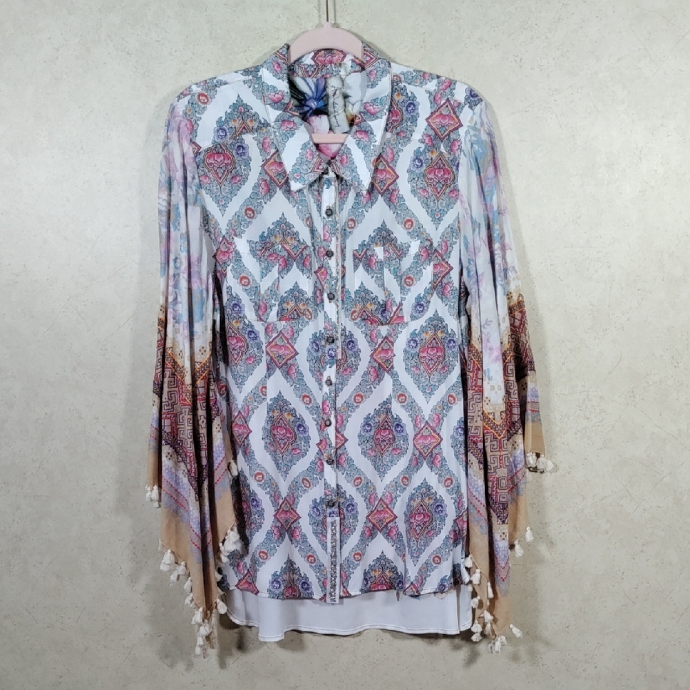 02068 Aratta Silent Journey mixed medial floral button blouse XL